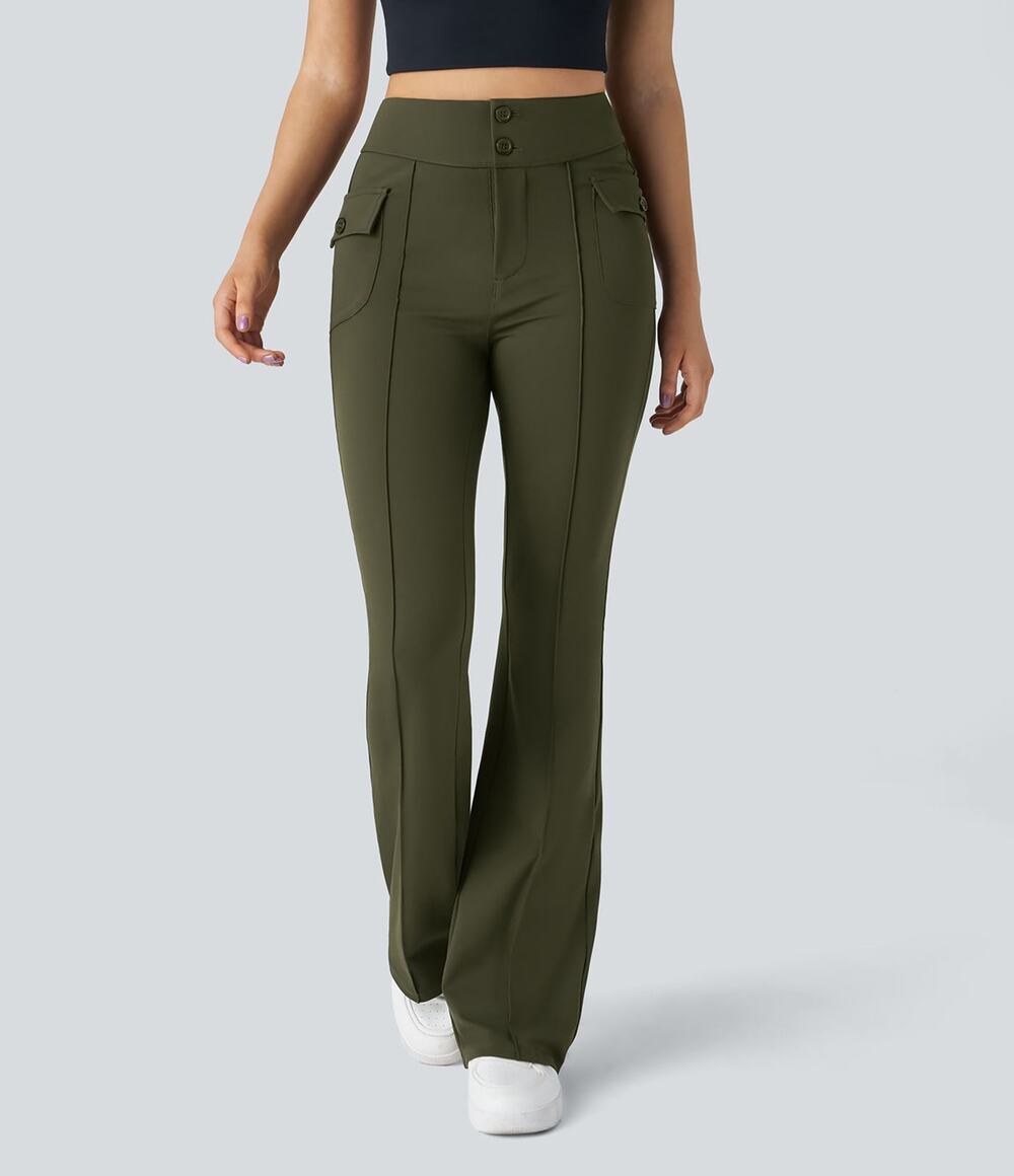 Halara High Waisted Side Flap Pocket Flare Casual Cargo Pants Green Sz Petite M